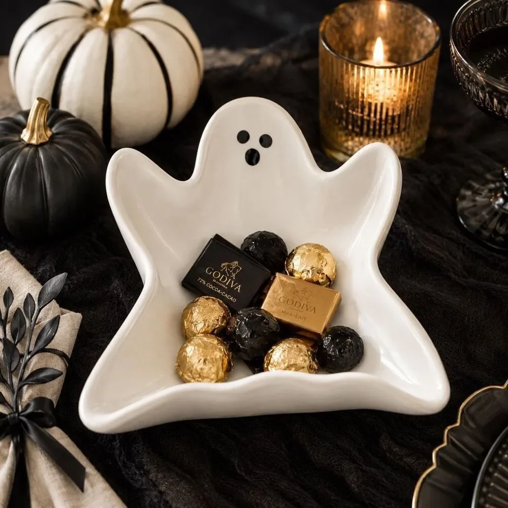 Pottery Barn Ghost Stoneware Appetizer Candy Trinket Dish Halloween NWT White